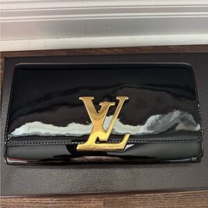 Louis Vuitton Black Patent Leather Wallet with Gold Logo